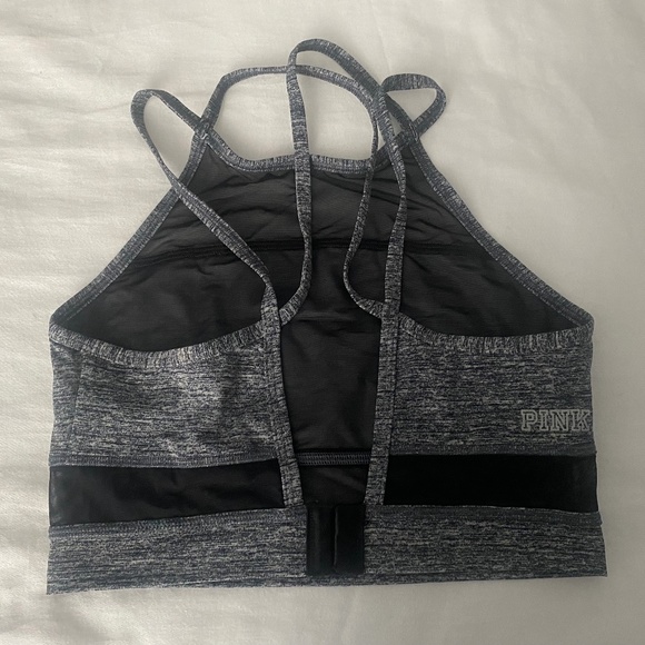 PINK - Grey Mesh Strappy Sports Bra - Picture 2 of 2